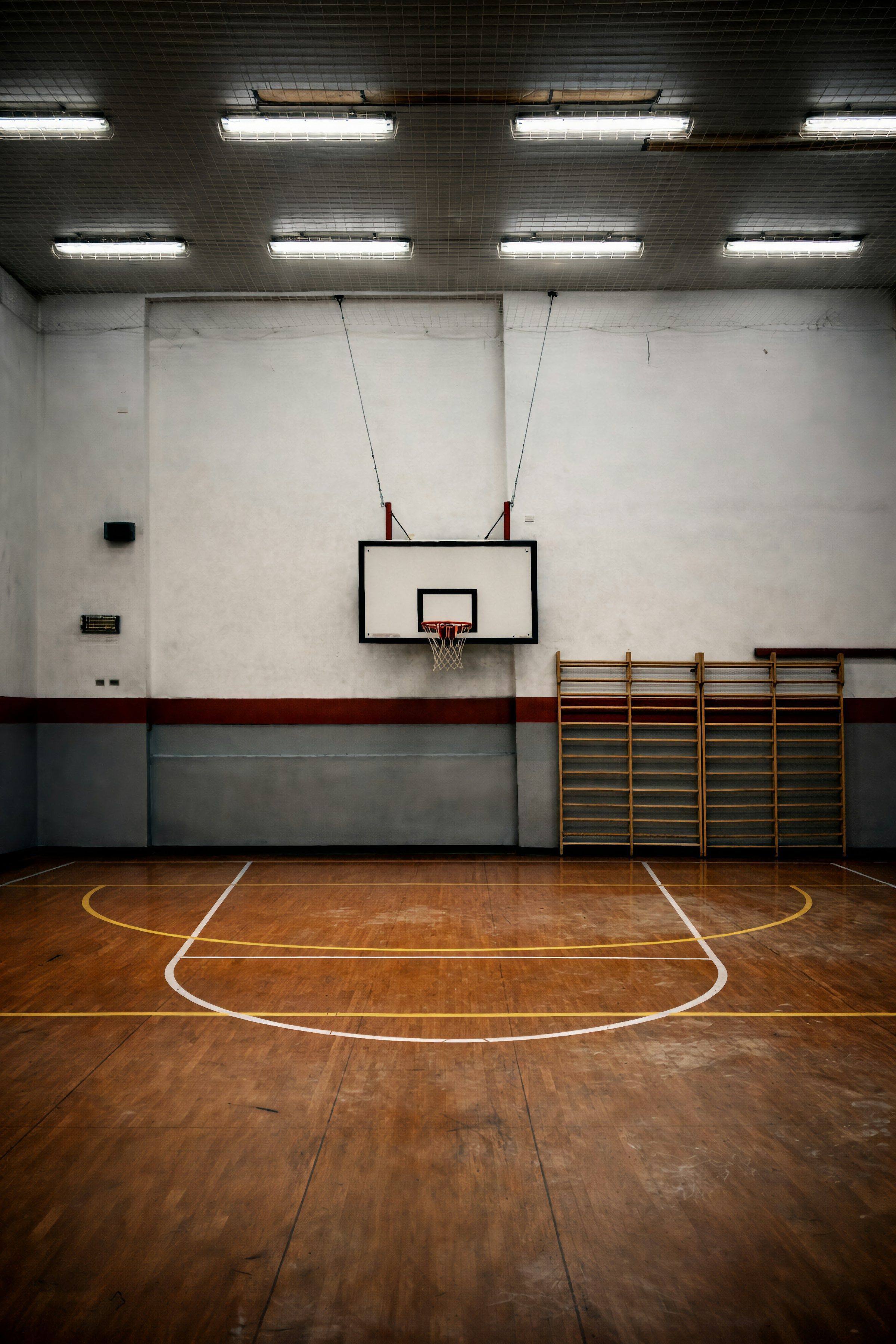 An empty gymnasium with a basketball hoop and wooden floor