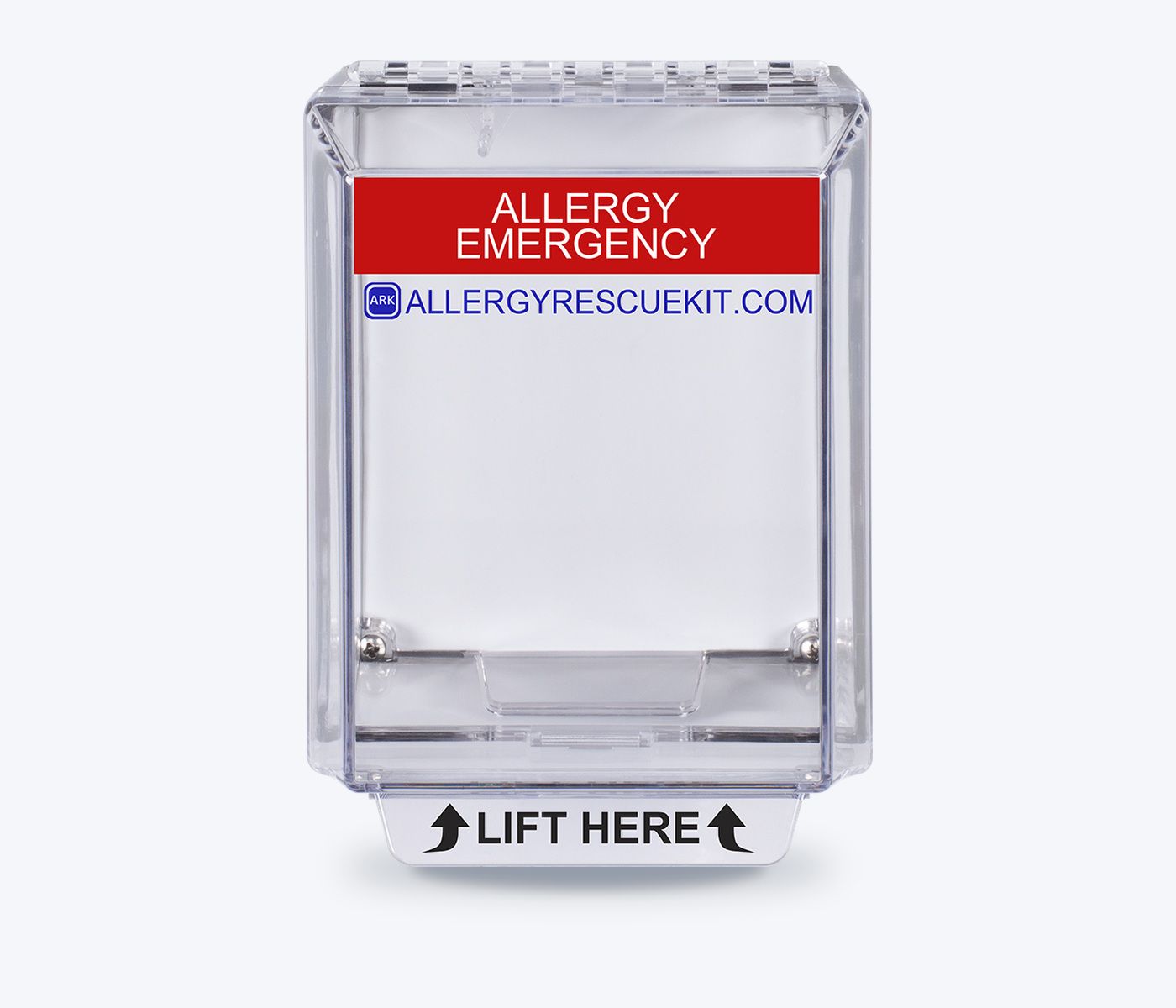 The ARK cabinet: a clear polycarbonate cover over a white backplate, with a red ALLERGY EMERGENCY banner across the top and a LIFT HERE tab at the bottom.