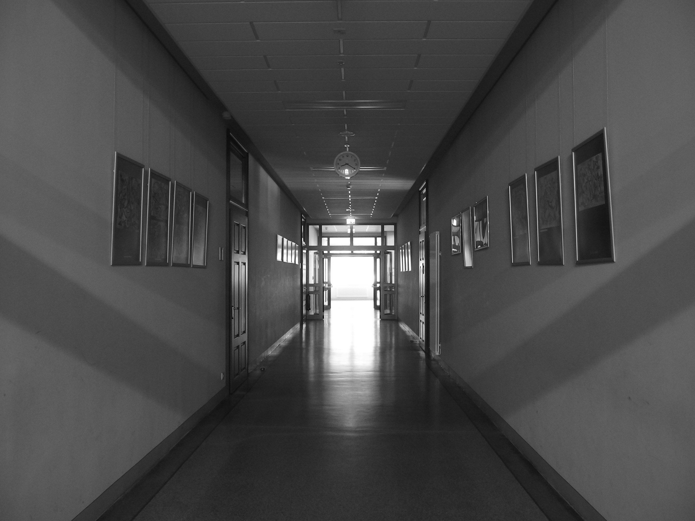 An empty school hallway with doors and framed pictures, daylight at the far end